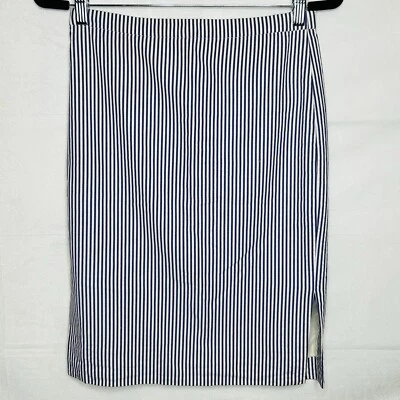J. Saia lápis CREW azul branca listrada forrada de algodão feminina tamanho 0 fenda nova sem etiquetas - Imagem 1 de 4