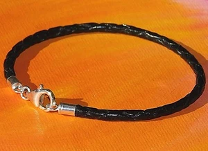 Herren / Damen 3mm Schwarz Geflochten Leder & Sterling Silber Armband - - Picture 1 of 3