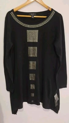 Suéter grande para mujer Style & Co. negro cuello redondo manga 3/4 tachuelas doradas nuevo con etiquetas Foto 1 de 4