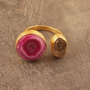 Solar Quartz Peridot Two Stone Ring Gold Electroplated Statement Adjustable Ring - Picture 1 of 3