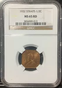 STRAITS SETTLEMENTS 1/2C 1932 NGC MS65 RD. - Picture 1 of 4