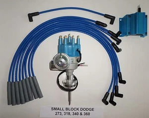 DODGE 360 340 318 273 BLUE SMALL Cap HEI Distributor + 50K COIL + USA Plug Wires - Bild 1 von 5