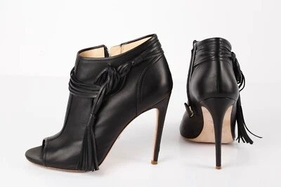 Botas de tornozelo Jerome C Rousseau couro preto franja peep toe tamanho 39 - Imagem 1 de 4