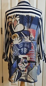 Shana Mixed Media Streifen Abstrakt Print Knopfleiste Tunika Top Coastal Gr. M - Bild 1 von 8