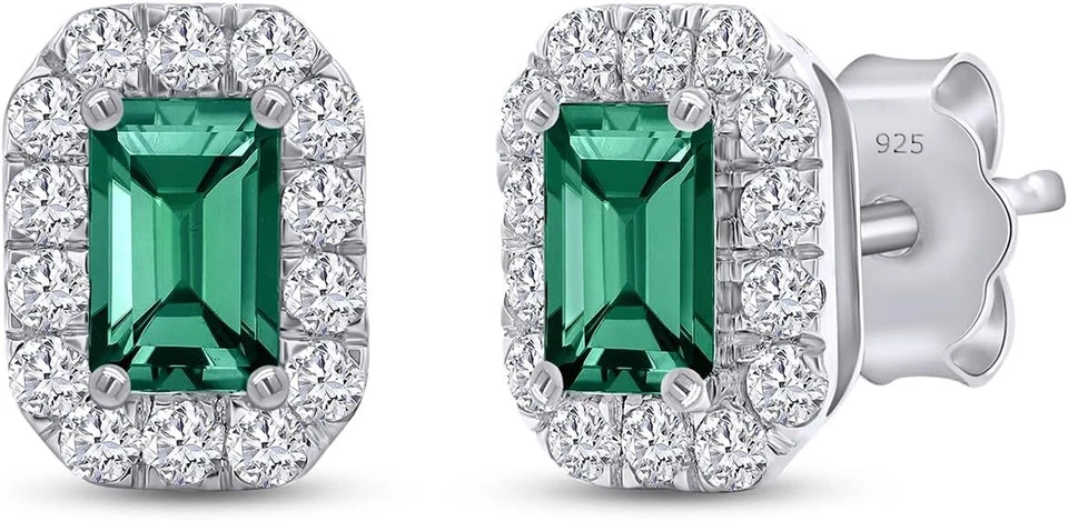 Pendiente con halo de diamantes cultivados en laboratorio y piedras preciosas esmeralda verde de 6/7 quilates 5X3 mm 925 Foto 1 de 4