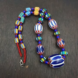Vintage Venetian White heart With Blue Chevron Glass Beads Necklace. BG-13 - Picture 1 of 12