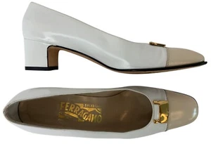 Ferragamo White Beige Leather Heels Low Chunky 1.5" Heel Italy Size 6AA I10067 - Picture 1 of 13