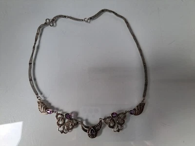 Pregiato,Vecchio Collier,Catena,925 Argento Con Ametiste E Marcasite - Immagine 1 di 4