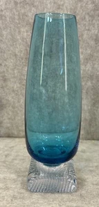 MCM Blue Aqua Footed Bud Vase Hand Blown 6.75” Tall - Picture 1 of 8