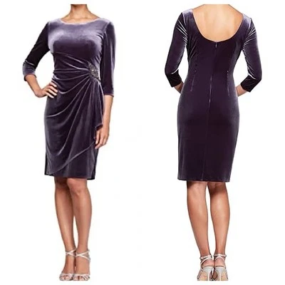 Vestido de cóctel de terciopelo Alex Evenings talla 14 púrpura drapeado lateral manga 3/4 Foto 1 de 4