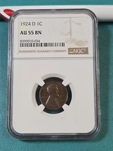 NGC AU 55 AU55 BN 1924 D Lincoln One Cent Penny 1C VERY NICE COIN - Picture 1 of 4