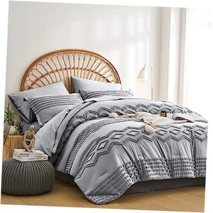 Grey 7-Piece Bohemian Geometric Tufted Comforter Set, All Season Microfiber - Picture 1 of 7