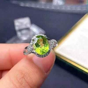 2CT Oval Lab Created Green Peridot Women's Wedding Ring 14K White Gold Plated - Picture 1 of 5