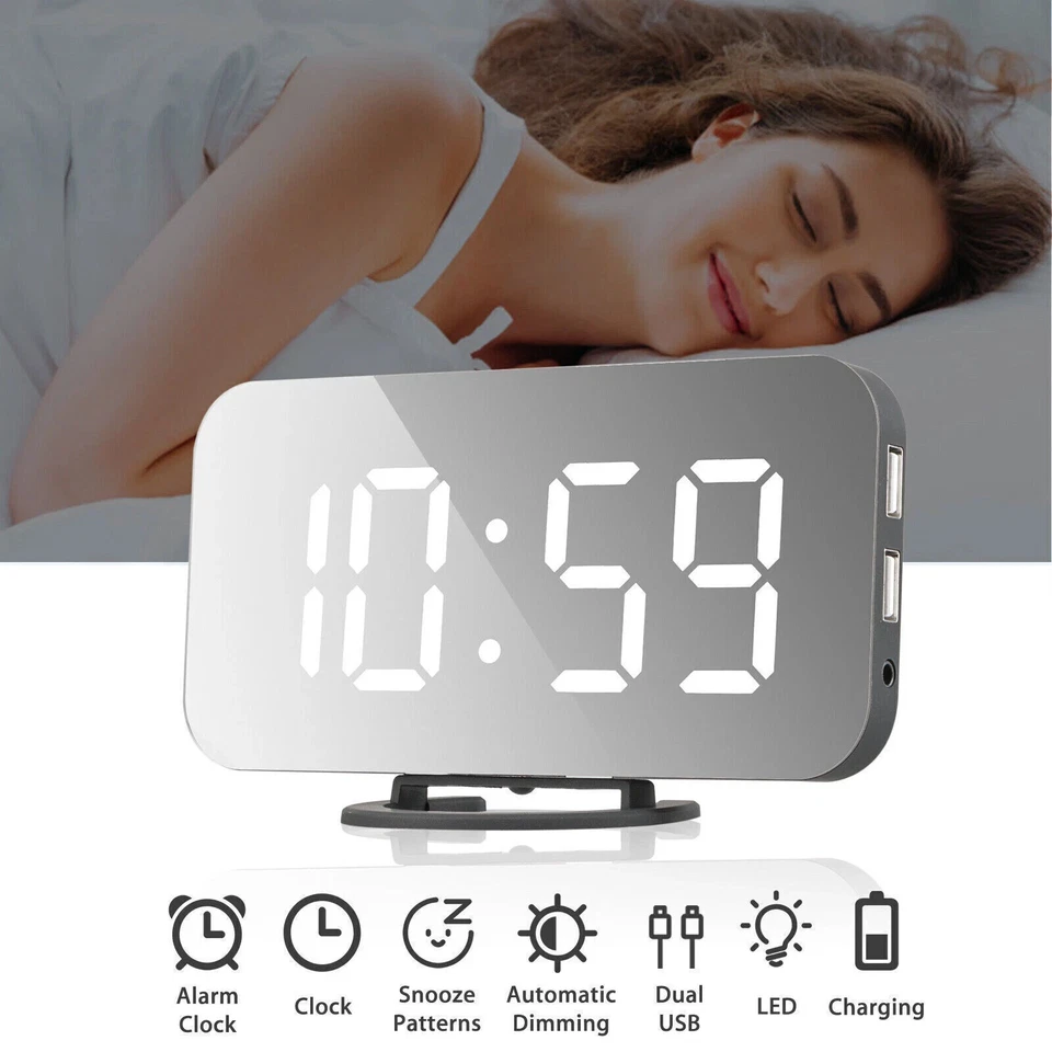 Digital LED Alarm Clock 12/24 Hour Display Mirror Snooze - Image 1 of 1