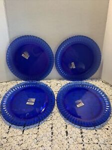 4 Piece Set Vintage Colorex Brazil Cobalt Blue Glass Ribbed Dinner Plates 10"