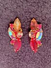 Vintage RED/PINK RHINESTONE AB CLIP ON EARRINGS-Unmarked-Climber Style-Prong Set