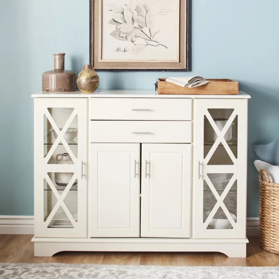 Buffet Cabinet Kitchen Dining Room Storage Organizer Sideboard Console White Fin - Image 1 of 4