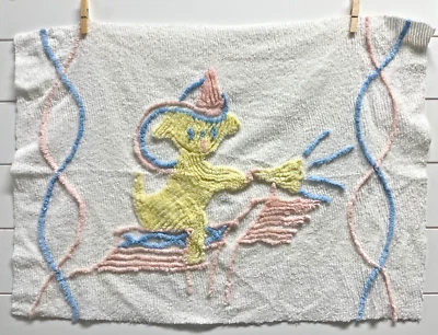 Vintage Cotton Chenille Fabric with Puppy Blue-Pink-Yellow ADORABLE 28X20" - Image 1 of 2