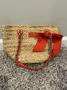 KATE SPADE Point Breeze Coal Straw Tote Bag Orange/Red "small" large bow - Picture 1 of 4