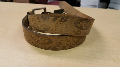 New York Jets Crazy Horse Embossed Slogan Mens Leather Belt Brown Tan size 28-40 Cover