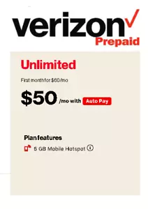 $50 Truly Unlimited 5G/4G LTE Verizon Prepaid - Picture 1 of 2