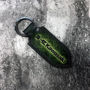 Handmade leather keychain with Kawasaki logo in Dark green. 1EA - Picture 1 of 7