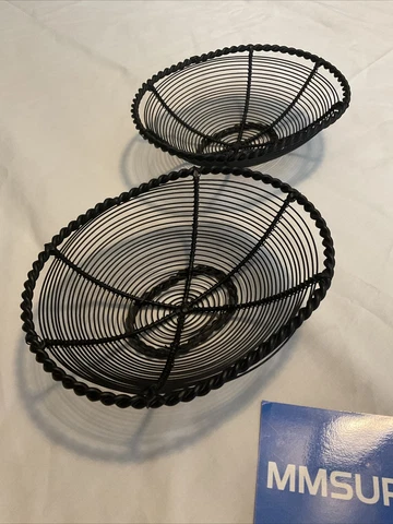 Set of 2 Black Rope Metal Oval Bread Fruit Basket 9"x7"x2.5" - NEW Cover