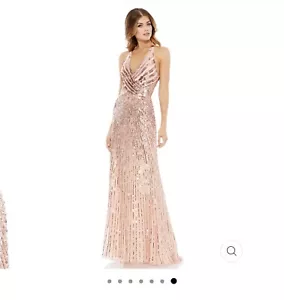 Neu mit Etikett Mac Duggal Pailletten Riemen Rückenkleid formelles Kleid Roségold 8 Einzelhandel $ 498 - Bild 1 von 9