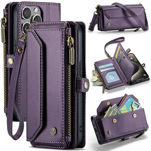 Leather Wireless Charging Kickstand Wallet Case w/ Strap fr iPhone 15 16 Pro Max - Picture 1 of 18