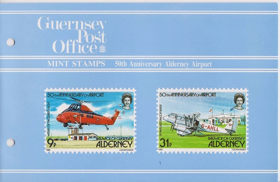 ALDERNEY 1985 PRESENTATION PACK AIRPORT 50TH ANNIVERSARY STAMP SET SG A18-A22 - Image 1 of 1