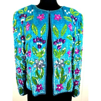 80s Vintage Mary McFadden 100% Silk & Sequin Floral Jacket NWT Size L - Image 1 of 4