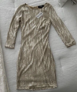 New Fab'rik Boutique Champagne Long Sleeve Sequin Dress Size S NWT - Picture 1 of 6