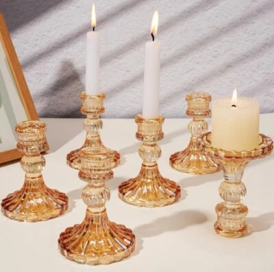 NEW Anthropologie Set of 6 Pink Boho Cut Glass Retro Candlestick Candle Holders - Image 1 of 4
