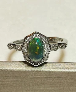 925 Sterling Silber natürlicher auffälliger Regenbogen schwarzer Opal CZ Diamanten Ring - Bild 1 von 15