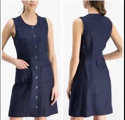 Платье-футляр льняное Tory Burch размер 12 на пуговицах спереди темно-синее с карманами без рукавов - Изображение 1 из 4