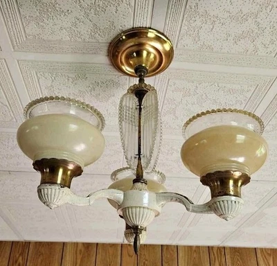 antq ART DECO cast IRON brass CEILING light FIXTURE chandelier w/ SHADES - Image 1 of 4