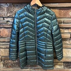Noize Metallic Teal Puffer Hooded Jacket Vegan Eco-Friendly - Picture 1 of 12