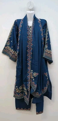 Women's Embroidered Pakistani Shalwar Kameez Lawn 3 Pcs Kurta Set Size S Blue - Image 1 of 4