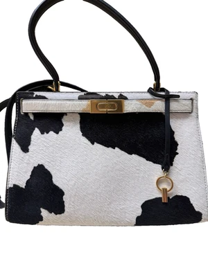 Tory Burch Lee Radziwill Calf Hair Satchel Purse Leather Black White Key Closure - Image 1 of 4