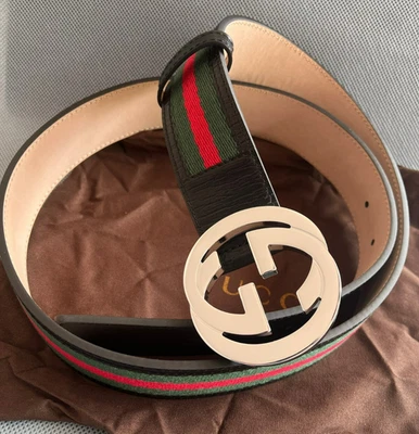 Cinturón Gucci GG Plateado Hebilla Entrelazada, Negro Verde Rojo Talla 90 cm Se Ajusta a 30W - Imagen 1 de 4