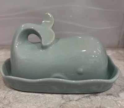 Whale Butter Dish Aqua Blue Tail Handle Ceramic Kitchen Decor - Image 1 of 4