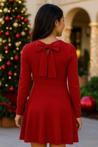 Vince Camuto Red Sweater Dress Women's Medium Bow Back Holiday Sweetheart Dressy - Picture 1 of 22