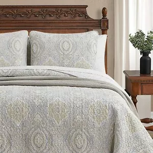 SET TRAPUNTA Tommy Bahama Turtle Cove 3P QUEEN cotone REVERSIBILE medaglione grigio marrone - Foto 1 di 9