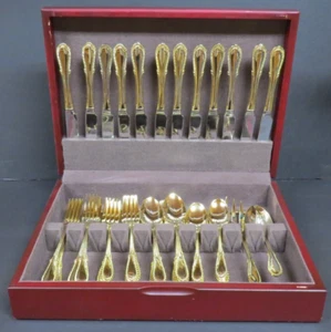 Faberware Breeze-Gold Electroplated  Feathered Tip Flatware 66 Pc. w/Chest NEW - Imagen 1 de 16