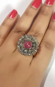 925 Plata de Ley Pavé Diamante Redondo Natural Rubí Anillo Cóctel Boda Gift's - Imagen 1 de 11