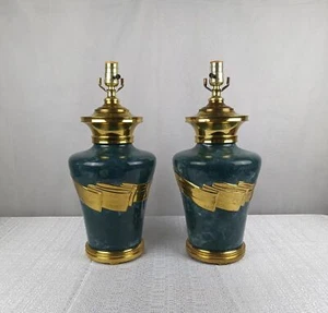 Set of two (2) large vintage brass / metal alloy lamps with green marble paint - Picture 1 of 10