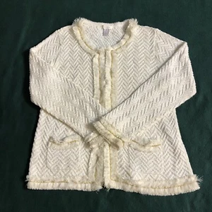 Chicos Waffle Knit Cardigan Womens Size 2 Fringe Chain Detail White READ - Picture 1 of 12
