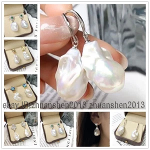 Pendientes de gancho de oro colgantes cuentas de perlas Keshi barrocas blancas naturales del Mar del Sur AAA - Imagen 1 de 16