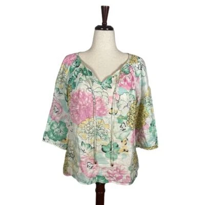 Charter Club Luxury 100% Linen White Pink Floral Peasant Top       Size: L - Image 1 of 4