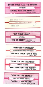 6 Original Jukebox Title Strips Rolling Stones Miss You Poison Wham Haggard RARE - Picture 1 of 2